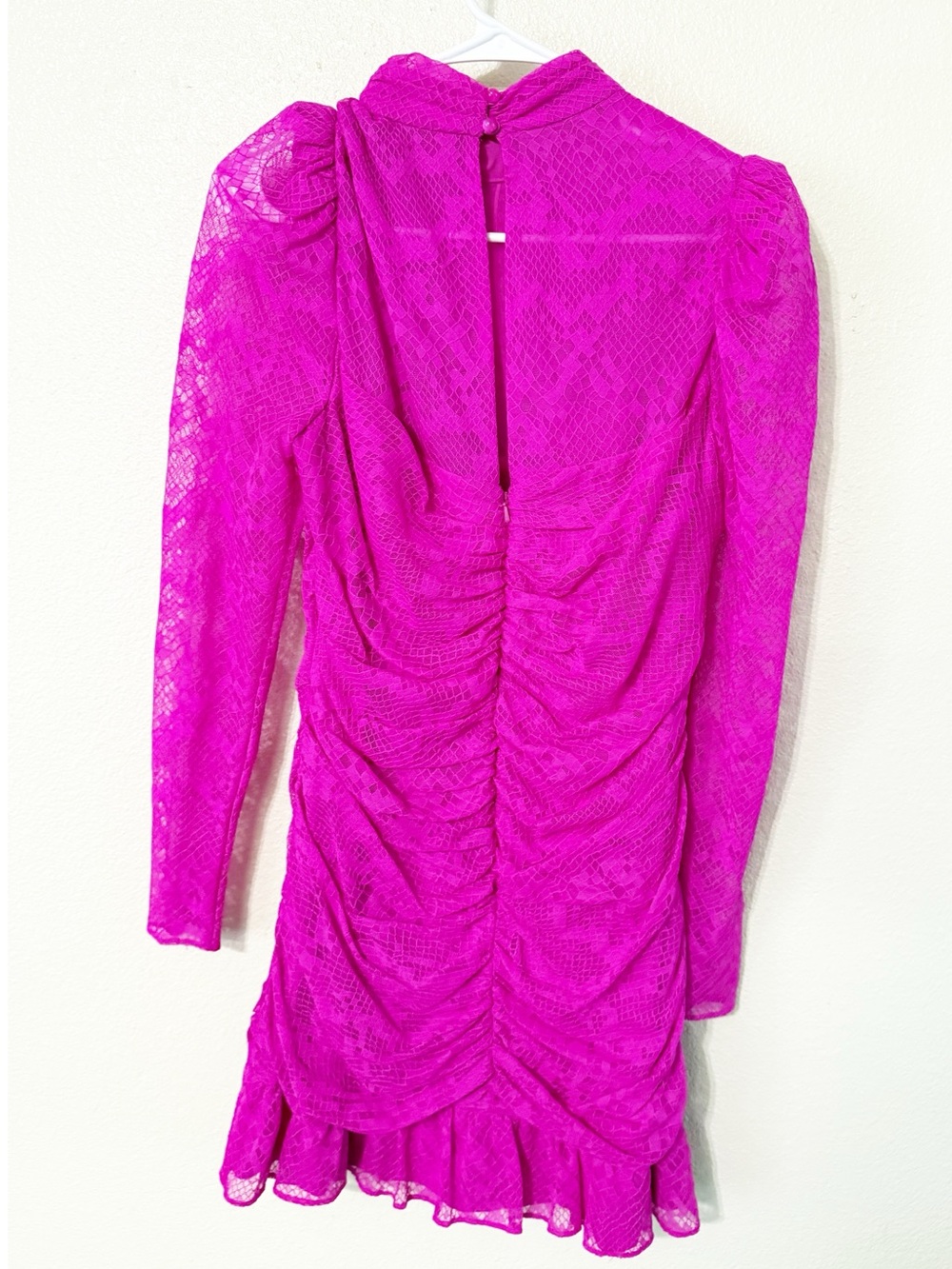 Saylor Marcey Fuchsia Pink Lace Ruffle Mock Neck Ruched Mini Dress Size Large - Picture 13 of 15
